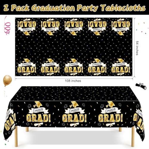 2Pack Graduation Decorations 2026, 108" X 54" Graduation Tablecloth, Blackgold Rectangle Class of 2026 Table Cloths, Disposable Plastic Congrats Grad Tablecover for Grad Party Favors Supplies - Thumbnail 2