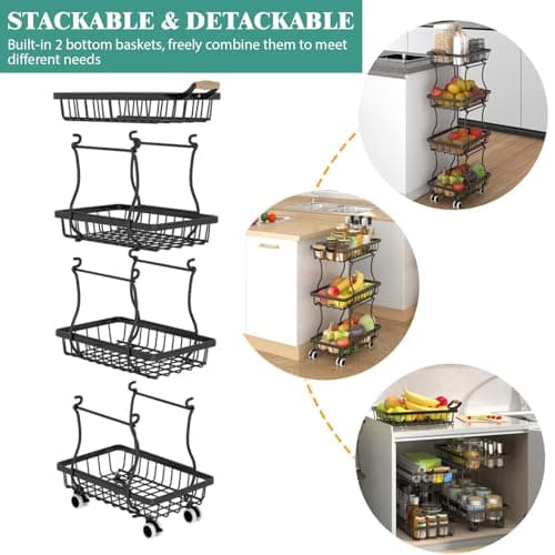 MJIMKE 4-Tier Vegetable Fruit Basket for Kitchen, Rolling Pantry Floor Organizer and Storage Cart with Wheels, Stackable Wire Product Basket Stand Potato Onion Bins Snack Rack for Pantry - Thumbnail 4