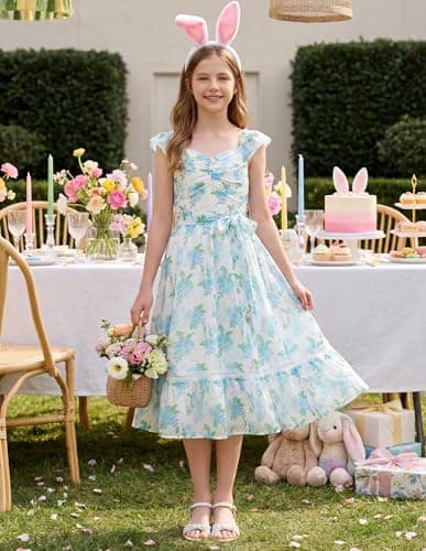 GRACE KARIN Girls Dresses Size 8, Floral Spring Dress for Girls 7-8, Easter Flower Girl Dresses for Wedding Party, Flutter Sleeve Maxi Holiday Dress for Little Girls - Thumbnail 3