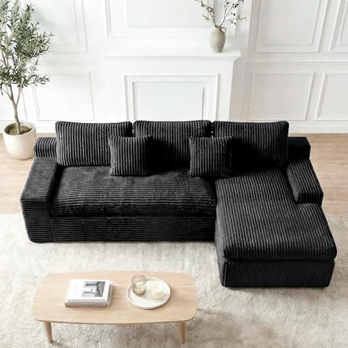 HipyMo 105” L-Shaped Cloud Sectional Couches for Living Room, 3 Seater Modular Sectional Sofa with Ottoman, Boneless Couch with Deep Seats and Comfy Corduroy Cloud Sofa for Apartment, Black - Thumbnail 6