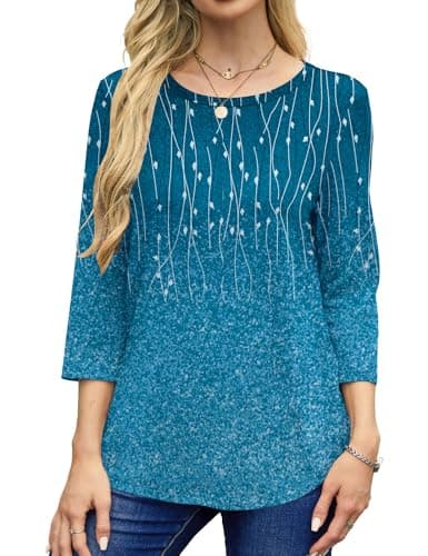 NORACORA Women's 3/4 Length Sleeve Crew Neck T-Shirt - Printed Casual Basic Tops Cyan - Thumbnail 2
