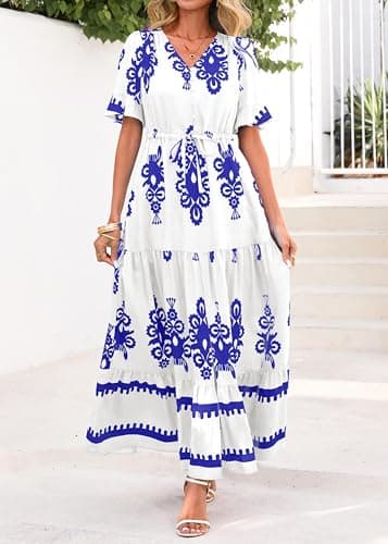 Lazysmile Summer Dresses for Women Short Sleeve V Neck Floral Drawstring Flowy A Line Boho Maxi Dress with Pockets White - Thumbnail 6