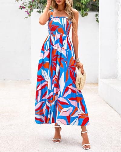 PRETTYGARDEN Womens Summer Dresses 2026 Casual Spaghetti Strap Ruffle Smocked Flowy Floral Spring Maxi Dress with Pocket(Floral Blue Multicolored,X-Large) - Thumbnail 2