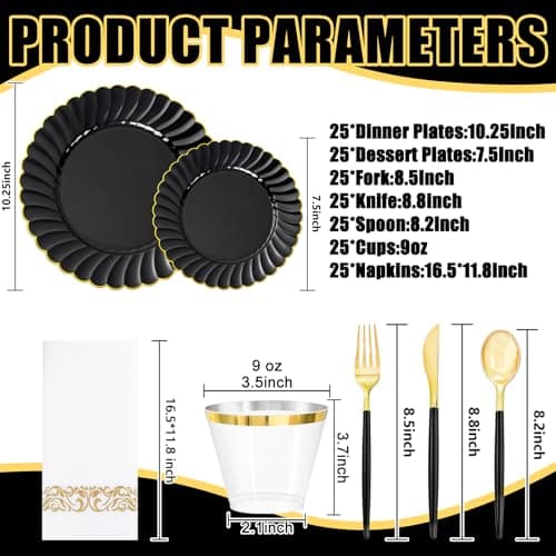 Ciaell 175 PCS Black Scalloped Plastic Plates with Gold Trim - Black Plastic Silverware with Handle - Fancy High-End Dinnerware Sets for Wedding & Party - Thumbnail 2