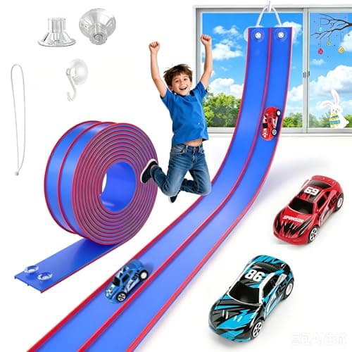 TAEMVV 15 Ft Dual Flexible Race Track for Kids, DIY Ramps Car Track Set with 2 Toy Cars Compatible with Hot Wheels 1/64 Diecast Cars, Reinforced Suction Cup for Boys Girls 3+, Blue Pro - Image 1