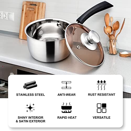 LIANYU Saucepan with Lid, 1 Quart and 2 Quart Stainless Steel Saucepan, Small Pot Milk Soup Pan for Home Kitchen Restaurant, Long Heatproof Handle, Dishwasher Safe - Thumbnail 2