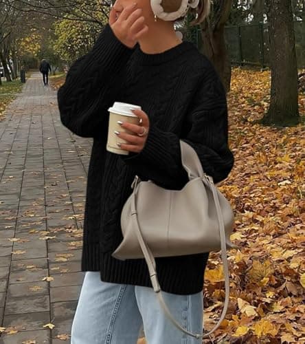 Okiwam Women's Oversized Sweaters Crewneck Cable Knit Pullover Casual Loose Fall Outfits Spring Fashion Clothes 2026-XL Black - Thumbnail 2