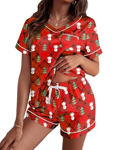 Ekouaer Silk Pajama for Women Short Sleeve Satin Pj Set Two Piece Soft Sleepwear Loungewear Casual PjsRed Christmas Teddy XXL - Image 1