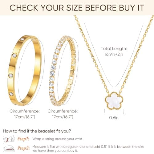 Gold Bracelets Necklace Jewelry Set - 3Pcs 18K Gold Plated Floral Bracelet,Waterproof Stainless Steel Bangles, Non-Tarnish Necklaces Daily Minimalist Trendy Jewelry,Valentines Birthday Gift for Women - Thumbnail 5