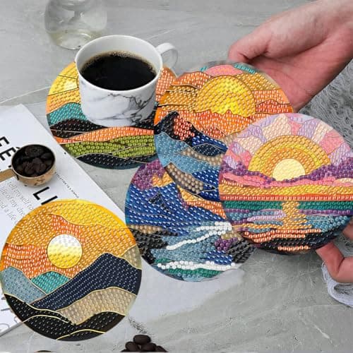 ijbnhd 8 Pcs Sunset Diamond Art Coasters Kits, Sunset Diamond Painting Coasters Kit with Holder, Non Slip Coaster Crafts Kits for Adults Gifts 4x4 inch (Cork Wooden Pad) - Thumbnail 4