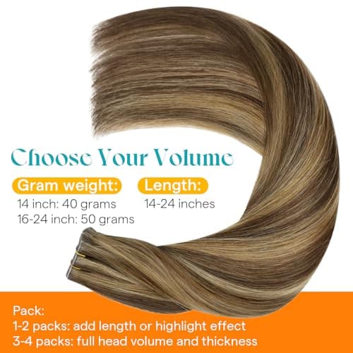 Sunny Hair Invisible Injected Tape in Hair Extensions Brown Highlight, 24inch 20Pcs 50g Real Human Hair for Women, Hand Sewn Natural Hair Extensions for Natural Volume and Glossy Shine - Thumbnail 5