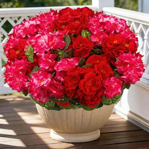 FULLMUSIC Artificial Flowers for Outdoor, UV Resistant Realistic Geranium Fake Flowers-Faux Flowers for Outdoor planters, Garden, Porch, Patio, Window Box Home Decor All Year Round (6, Rose red+red