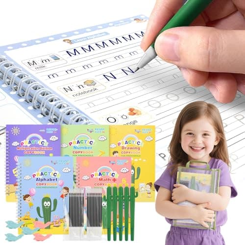 BYFWH Magic Practice Copybook, Reusable Writing Practice Book, Grooved Handwriting Copybook Set for Preschool Kids Age 3-8 Calligraphy 5.7 * 7.9 inch (5 PCS with 5 Cactus Pens & A Storage Bag) - Image 1