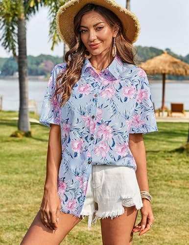 LILYCHIC Womens Short Sleeve Hawaiian Shirts Button Down Casual Floral Tropical Summer Beach Hawaiian Blouses Tops Purple M - Thumbnail 5