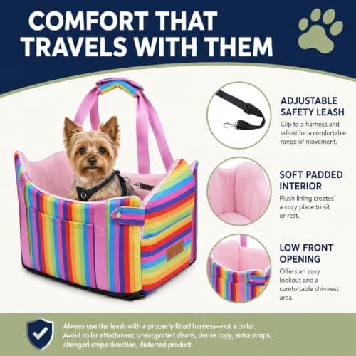 Cullaby Console Dog Car Seat for Small Dogs - Anti-Collapse Center Console Armrest Booster Seat, Sturdy Pet Travel Seat with Safety Tether, Cozy Washable Cushion, Puppy Up to 15lbs (Colorful Stripes) - Thumbnail 5