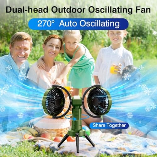 Nauttxon Outdoor Camping Fan With Light - Oscillating 10000mAh Battery Powered Fan For Camping With Hanging Hook For Beach Travel Picnic Fishing Outdoor- Green - Thumbnail 2