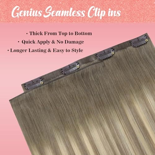 Ve Sunny Invisible Clip in Hair Extensions Human Hair Seamless, Ombre Balayage Blonde Remy Human Hair Clip in Extensions, Genius Weft Thick Ends for Adding Fuller Volume, 18 Inch 120g 7pcs - Thumbnail 5