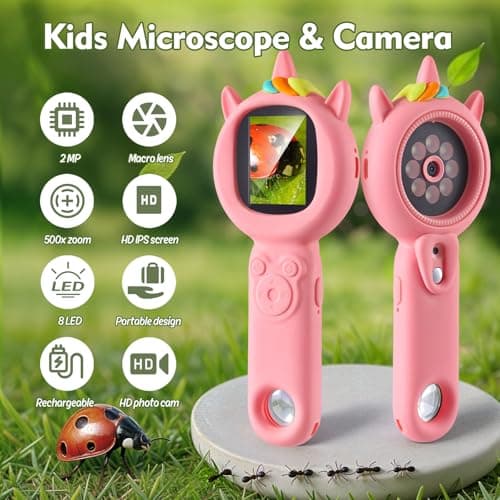 Kids Microscope- 500x Magnification,16X Zoom,Handheld Microscope for Kids with HD Cam,Portable Science Learning Tool,Christmas Birthday Gifts for Boys Girls Aged 3-12 (Pink) - Thumbnail 2