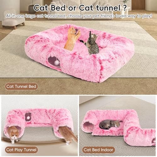 Extra Large Cat Tunnel Bed, 4 Ways Tunnels for Indoor Cats, Multi-cat Family Pet Bed & Cave, Plush Cat Donut with Washable Middle Mat, Exit Balls, Pet Play Toy for Kitten Puppy Rabbit, Pink - Thumbnail 3