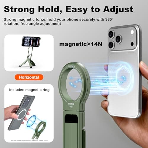 COMAN DP58 Magnetic Phone Tripod, Aluminum MagSafe Tripod Stand with Carabiner, Mini Portable Travel Pocket Stand for iPhone & Non-Magnetic Phones with Included Ring - Thumbnail 6