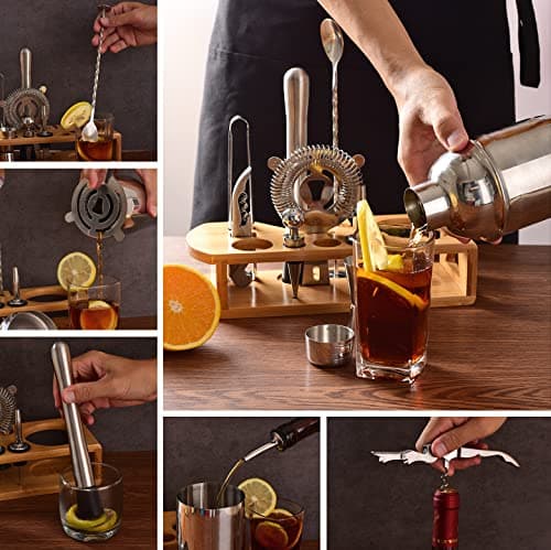 Cocktail Shaker Set Bartender Kit : 12-Piece Bar Tool Set with Bamboo Stand | Bar Set with All Practical Bar Accessories, for Drink Mixing, Bar, Home, Lounge & Party (Silver) - Thumbnail 4