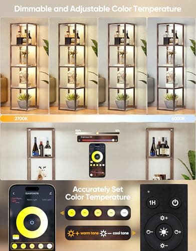 PARTPHONER Floor Lamp Glass Display Shelf with Remote/APP Control, Dimmable LED Floor Lamp with Shelves, Open Display Cabinet, Color Temp Control (2700K-6000K), Oak Gray - Thumbnail 3