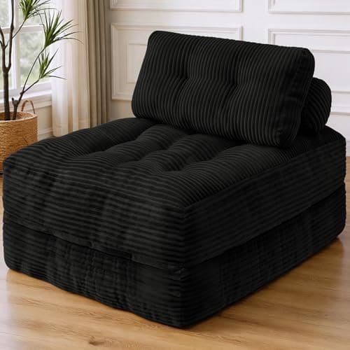 SIMFLAG Folding Sofa Bed, Convertible Sleeper Chair with Pillow & Handle, Foldable Mattress Futon Chair Bed Lounge with Back Support, Comfy Floor Sofa for Living Room Bedroom, Black, Single