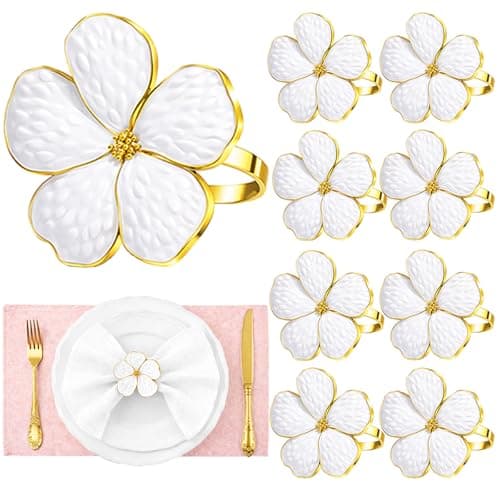 Flower Napkin Rings Set of 8, European Palace-Style Glaze, High-Temperature Fired Ideal for Photography Props, Ribbon Clips, or Curtain Tiebacks, Weddings/Birthdays (White) - Image 1