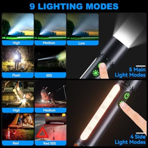 ADDplus Magnetic Flashlight Rechargeable,2000LM 5000mAh Flashlights High Lumens with 9 Modes,Waterproof, Adjustable,Powerful Flash Light,Multi-Flashlights for Home,Car,Hiking,Camping (2, Black) - Thumbnail 4