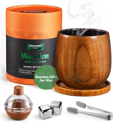 Gaialoop Charred Wooden Bourbon Drinking Glass Gift Set for Men, Handcrafted Wood Whiskey Cup with Whiskey Stones & Ice Ball, Artisan Smoke Whiskey Tumbler, Unique Bourbon Gifts for Men, Dad, Husband - Image 1