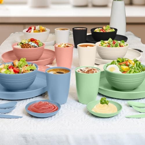 Wrova wheat straw bowls,plates,cups and cutlery sets 28 pcs - Unbreakable Dishwasher Safe dinnerware sets service for 4 - Ideal dish sets for kitchen, camping, indoors and out doors.Nordic - Thumbnail 6