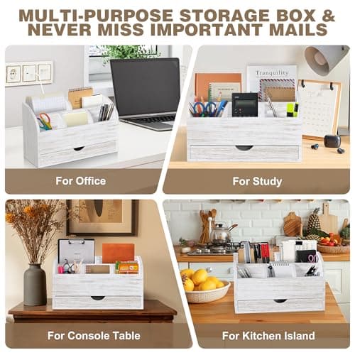 SeekElegant Wood Mail Organizer with Drawer & Pen Holder, White Mail Holder with 5 Detachable Compartments, Desk Organizer for Bill Envelope Storage, for Office Entryway Kitchen Countertop - Thumbnail 6