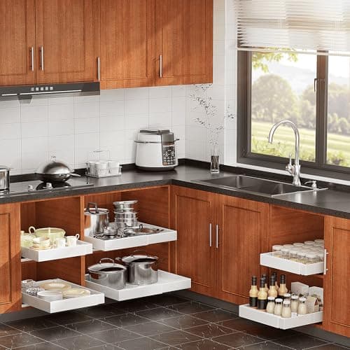 4 Pack Pull Out Cabinet Organizer for Pots and Pans, Upgraded 3-Slide Rail System with Adhesive Pads, Expandable Width (15.2"-26.2") Fits 21" Deep Framed/Frameless Cabinets, White Slide-Out Shelves - Thumbnail 6
