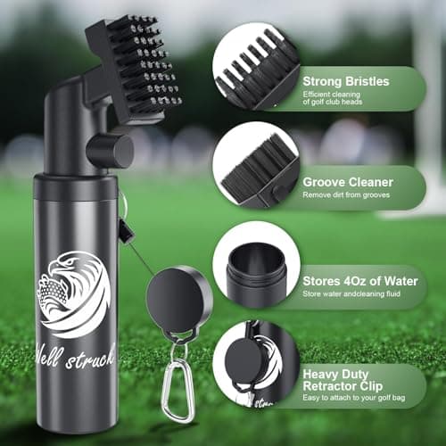 2 Pack Pro Golf Club Cleaner - 4oz Water Bottle with Groove Cleaner and Retainer Clip, Durable Nylon Bristles for Easy Cleaning, Ergonomic Button Design, Golf Gifts for Men (Black) - Thumbnail 2