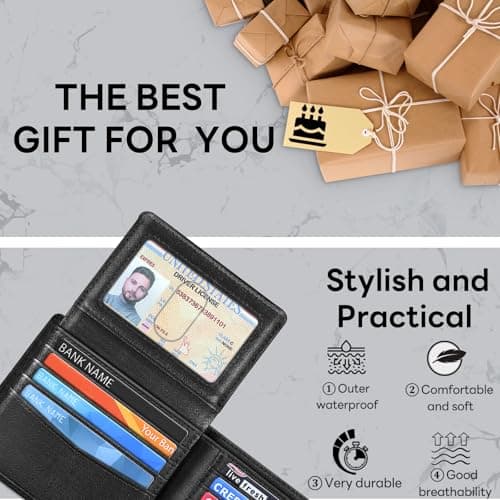 Travelambo Black Wallet for Men, Premium Classic Leather RFID Blocking Mens Wallet, 10 Credit Card Holder Minimalist Front Pocket, Mens Bifold Wallet with 2 ID Window - Thumbnail 6