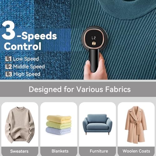 Smyeviva Rechargeable Fabric Shaver for Clothes: 6-Leaf Blades & 3 Speeds to Remove Pilling, Fuzz & Lint Balls - with LED Display, Portable Electric Lint Remover for Sweater, Couch, Blanket, Furniture - Thumbnail 3