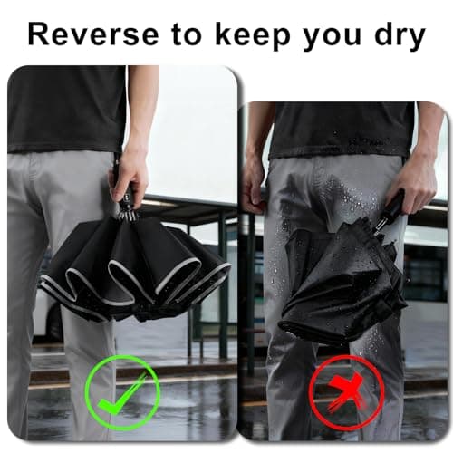 Lejorain Folding Reverse LED Umbrella - Upside Down Reflective Umbrellas Compact Inverted Travel Windproof Umbrella Auto Open Close for Rain - Thumbnail 4