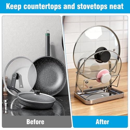 YJREW 304 Stainless Steel Pot Lid Organizer & Spoon Rest, Pot Lid Holder Storage Rack for Kitchen Countertop, Multifunctional Stove Top Pot Cover Stand While Cooking - Thumbnail 4