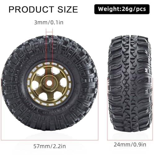 RcThjia 1.0 Beadlock Wheels and Tires Set 57 x 24 mm 1.0 inch Rubber Rock Crawler Tires & Alloy Blade Wheels For 1/18 1/24 Axial SCX24 TRX4M Gladiator Bronco C10 JLU Deadbolt RC Crawler Upgrade(Brown) - Thumbnail 2
