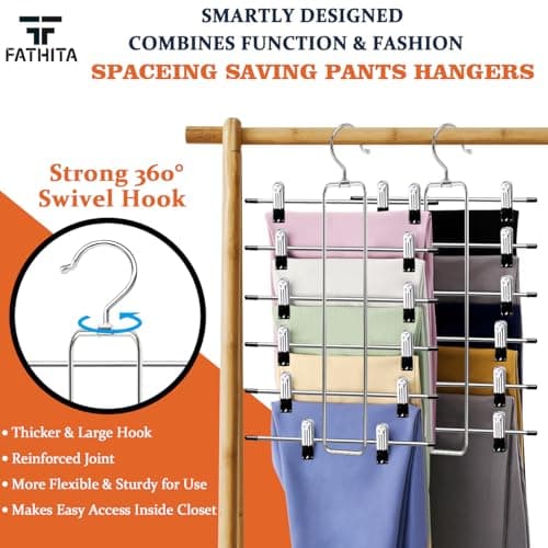 FATHITA 6-Tier Space Saving Pants Hangers with Clips, Multi-Functional Skirt & Jean Organizer for Small Closets, Dorm Room Essentials, 2 Pack Metal Clothes Storage - Thumbnail 2