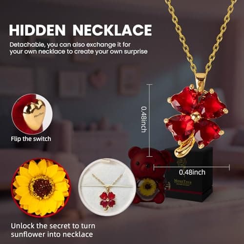 mountova Birthday Gifts for Women, Lucky Sunflower Bear with Four-Leaf Clover Necklace Gift for Girlfriend Wife, Happy Birthday Gift for Daughter Sister Mom Grandma, Surprise Jewelry Box, Red - Thumbnail 3