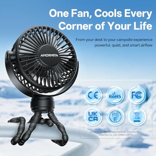AMORMIYA Portable Battery Powered Stroller Fan with Flexible Tripod, Black - Thumbnail 2