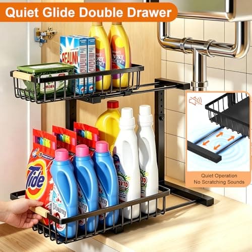 REALINN Under Sink Organizer, 2 Pack Height Adjustable Under Sink Organizers and Storage, 2 Tier Pull Out Drawer Cabinet Storage for Kitchen Bathroom - Thumbnail 3