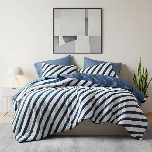 Reversible Striped Queen Comforter Set-Bed in A Bag 7-Pieces Bedding Set with Double-sided Stripes Design-Warm & Cozy Bed Set Includes Queen Size Comforter, Sheets Set, Pillowcases and Shams, Navy - Image 1