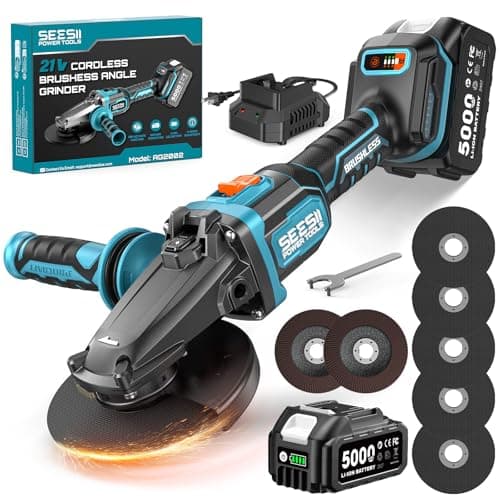 SEESII Angle Grinder Cordless Flathead - 21V Brushless Grinder Kit 5.0Ah Battery+Charger, 4-1/2 to 5" Cut Off Tool, 6-Speed, 20ms Brake+Drop Protection for Metal Cutting, Auto Body, DIY - Image 1