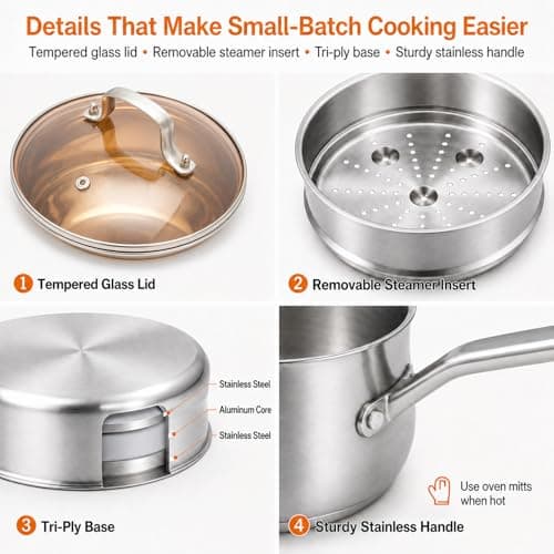 WANGYUANJI 2.5 Quart Stainless Steel Saucepan with Steamer Basket - 2-in-1 Multipurpose Steamer Pot for Cooking, Veggies & Pasta - Tri-Ply Bottom Induction Sauce Pan with Glass Lid, Silver - Thumbnail 6