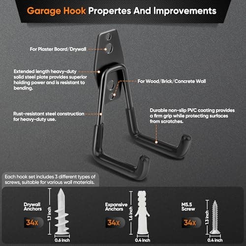 Nacial 18 Pack Garage Hooks Heavy Duty, Utility Steel Garage Storage Hook with 2 Storage Straps, Utility Garage Wall Mount Hooks for Hanging Bike, Ladder and Garden Tools, Perfect for Father Day Gifts - Thumbnail 3