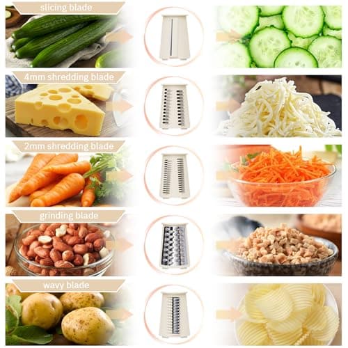 ENERGEVITY Manual Rotary Cheese Grater with Handle, 5 in 1 Replaceable Stainless Blades Cheese Shredder,Strong Suction Base Vegetable Slicer with Cleaning Brush & Bonus Storage Box for Blades (white) - Thumbnail 5