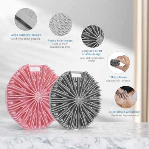 2Pcs Silicone Body Scrubber,Exfoliating Body Scrubbers for use in Shower,Silicone Body Brush for Showering and Anti-Slippery Handles for All Skin Types,Eco Friendly Shower Scrubber for Body（Pink+Grey） - Thumbnail 3