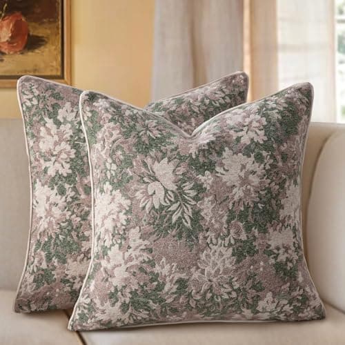 Haguko Pack of 2 Vintage Floral Throw Pillow Covers 20x20 Tapestry Chenille Soft Decorative Farmhouse Square Accent Pillow Cases for Couch Bedroom Living Room Home Decor, Light Green - Image 1